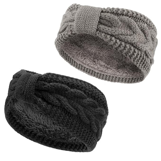 AQOKKA Knit Winter Headbands for Women Fuzzy Wool Fleece Lined Ear Warmers Elastic Turban Crocheted Head Wrap Winter Accessories for Women Cold Weather