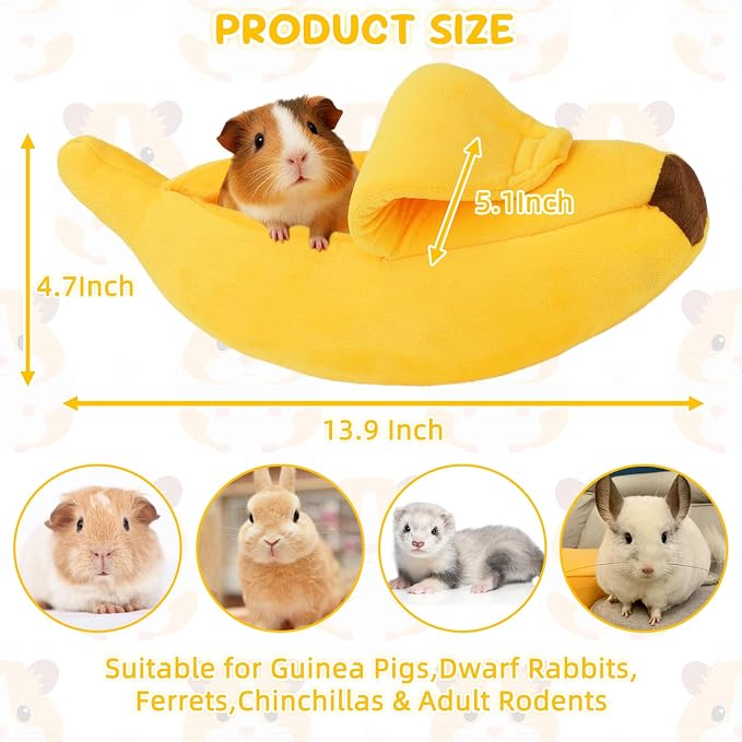 Midollarle Guinea Pig Bed, Plush Banana Snuggle Sack Hideout, Yellow S | 13.7 x 5.1 x 4.7 in S Size, Banana Cave, Peel-Open Design, PP Cotton Plush, Machine Washable, Ferrets and Hedgehogs
