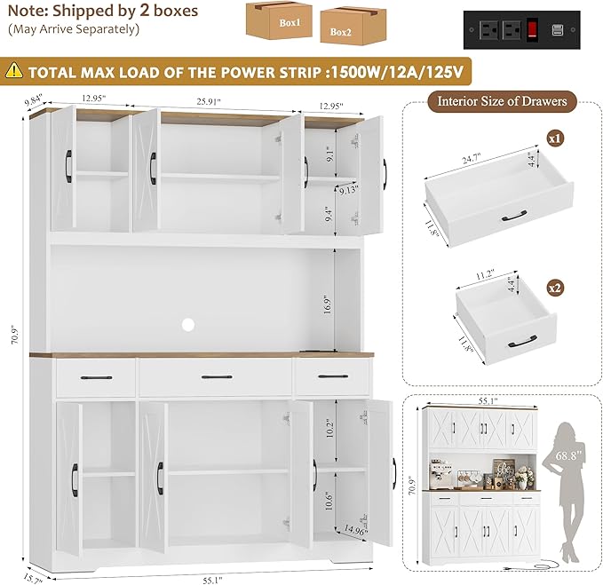 HOSTACK 71" Large Pantry Cabinet with Charging Station, 55" Wide Kitchen Pantry Storage Cabinet with Countertop, Tall Kitchen Hutch with Drawers and Power Outlet for Dining Room, White