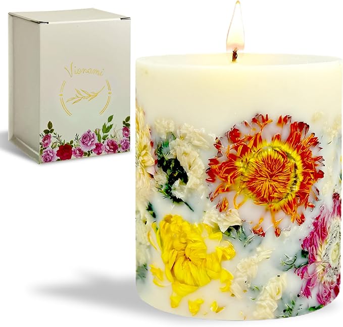 VIONAMI Botanical Scented Pillar Candle - Tropical Rare Flower Fragrance Candles Gifts for Women, Gift Ready - Decorative Natural Soy Scented Candles with Dried Flowers for Home (Mums)
