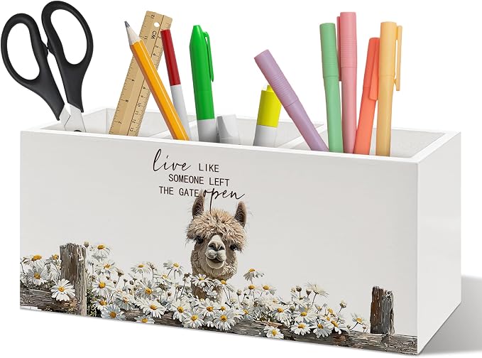 Rustic Alpaca Pen Holder Organizer, Farmhouse Alpaca Gifts for Women Desk Decor, Live Like Someone Left the Gate Open Wooden Pen Pencil Holders for Vintage Desk Accessories