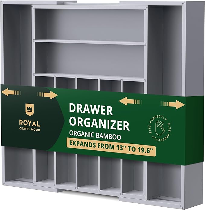 Luxury Bamboo Kitchen Drawer Organizer - Silverware Organizer - Utensil Holder and Cutlery Tray with Grooved Drawer Dividers for Flatware and Kitchen Utensils (9 Slot, Gray)