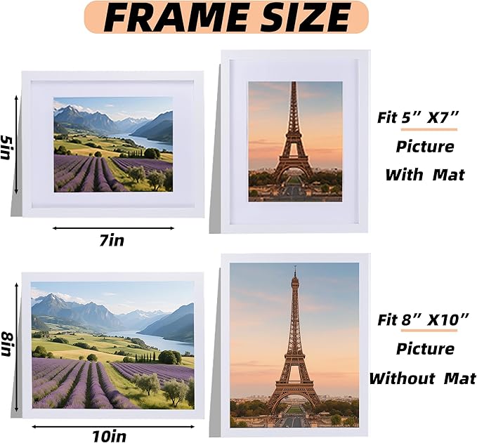 3 Pcs 8x10 White Picture Frame - Display Pictures 5x7 with Mat or 8 x 10 without Mat - White Wood Picture Frames for Wall Mounting - Wooden Photo Frame for 8 10 Matted to 5x7 Print Set of 3