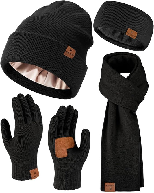 Womens Winter Warm Beanie Hats Gloves Scarf Headband Set Fleece Lined Ear Warmer Knit Scarf Touchscreen Gloves Winter Gifts