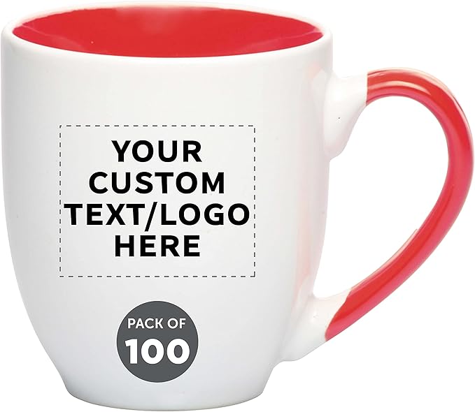 Custom Bistro Style Large Coffee Mugs 16 oz. Set of 100, Personalized Bulk Pack - Perfect for Coffee, Tea, Espresso, Hot Cocoa, Other Beverages - Red