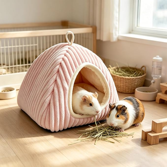 Guinea Pig Hideout Bed, Dwarf Rabbit Enclosed Cave,Pink | Small Animals Sleeping House with Removable Cushion, Foldable Washable Nest for Bunny, Hedgehog, Ferret, Chinchilla, Indoor