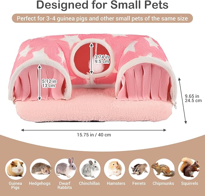 Avont Guinea Pig Tunnel, Small Animal Hideaway Tube Toy | Cozy Plush Tunnel for Guinea Pigs and Small Pets with Non-Slip Bottom and 2-In-1 Design in Medium Size Pink