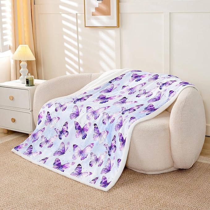 Feelyou Girls Purple Butterfly Fleece Throw Blanket 40"x50" Kids Watercolor Sherpa Blanket Plush Fuzzy for Bed Couch Chair Living Room, Tie Dye Bed Blanket Room Decor