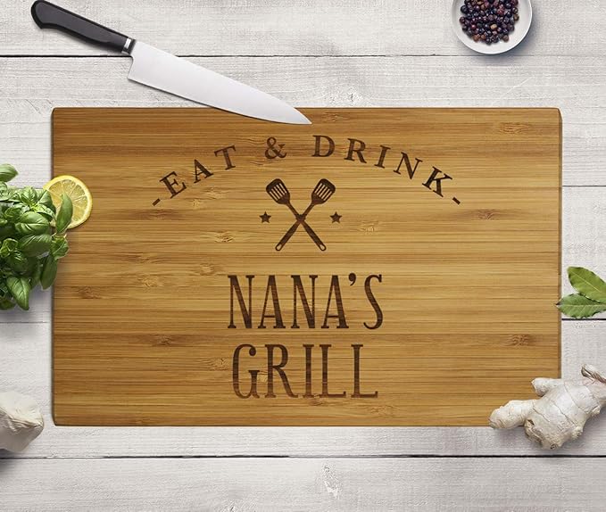 Andaz Press Large Bamboo Wood BBQ Cutting Board Gift, 17.75 x 11-inch, Nana's Grill, 1-Pack, Laser Engraved Serving Chopping Board Christmas Birthday Chef Kitchen Ideas