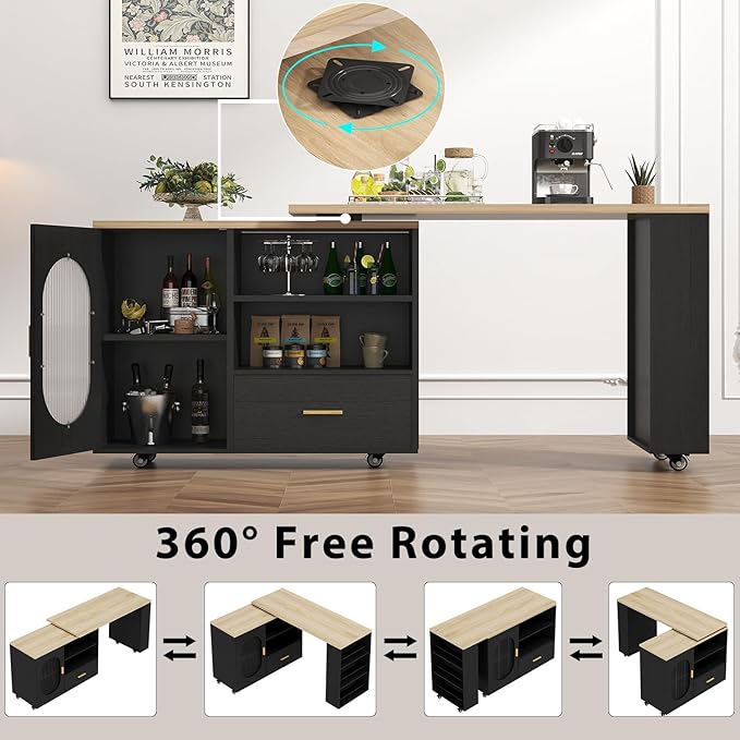 HSH 72" Rolling Kitchen Island with Seating, 360° Swivel Table, Kitchen Island with Storage Cabinet, Drawer & Shelves, Farmhouse Mobile Island Cart on Wheels for Dining Room & Home Bar, Black Oak