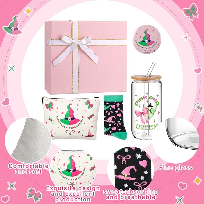 Kacctyen 5 Pcs Pink and Green Gift for Women Witch Stuff 16oz Pink Green Bow Glass Cup Witch Hat Cosmetic Bag Sock Mirror Box Unlikely Friendship Birthday Party Supplies for Movie Lover Gift