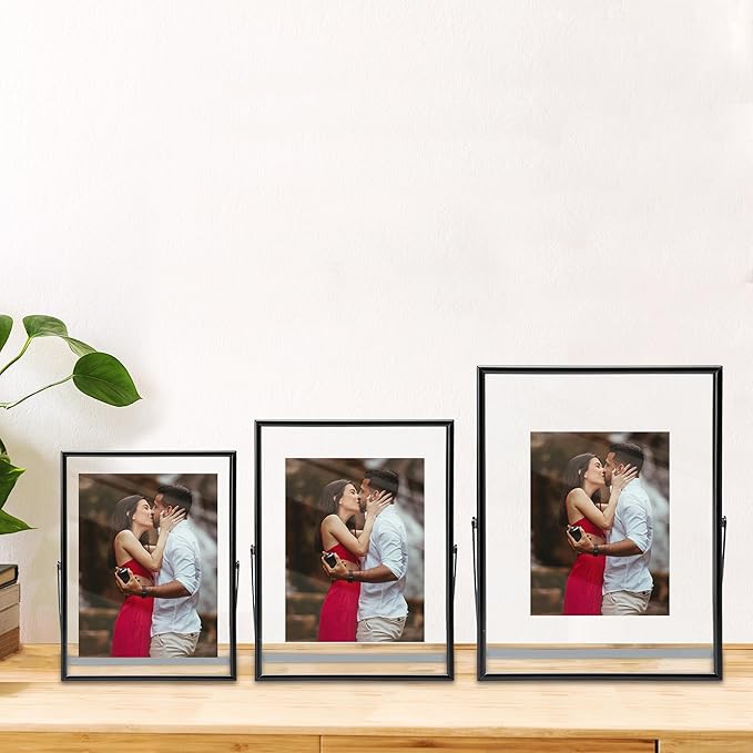 Vienrose Picture Frames for 4x6 3x5 2x3 Photo, Glass Floating Picture Frame, Black Tabletop Photo Frame for Home Wedding Party Office Decor