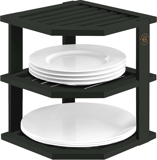Bambüsi Plate Organizer for Cabinet - Corner Cabinet Organizer and Kitchen Cabinet Organizer Shelf, Kitchen Countertop Organizer for Plates, Dishes and Bowls, Space Saving Corner Rack, Black