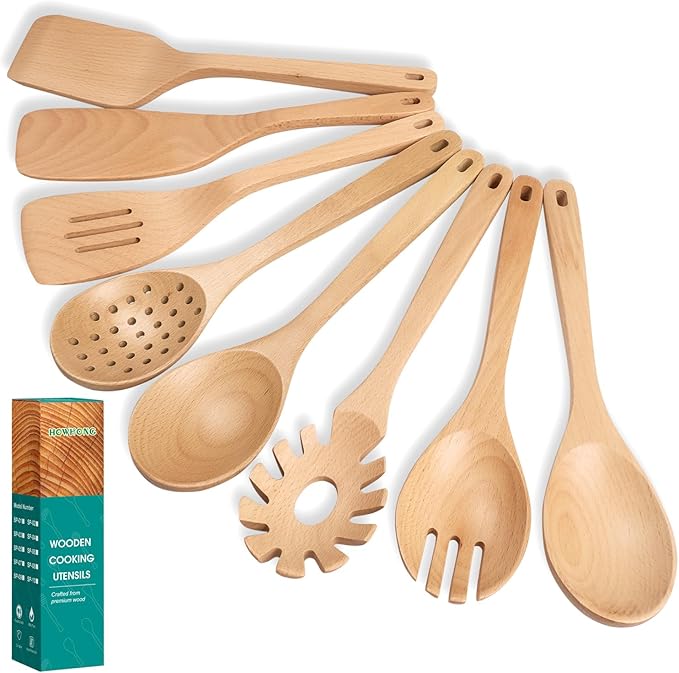Wooden Spoons for Cooking, 8-Piece Natural Beech Wood Cooking Utensils Set – Wooden Kitchen Utensils Set, Nonstick Safe Non-Toxic Wooden Cooking Tools by HOWHONG