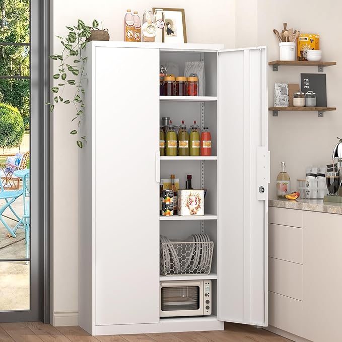 GREATMEET Metal Garage Storage Cabinets, 72" Tall Locking Cabinets with Doors and Shelves, Utility Cabinet with Lock for Garage, Home, White