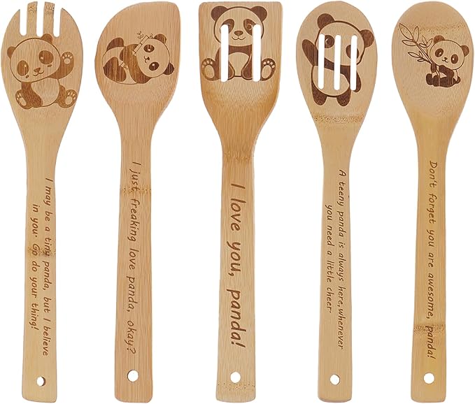 5PCS Panda Wooden Cooking Spoons Kitchen Decor Panda Gifts for Women Men Panda Lovers Birthday Gifts Party Favors Housewarming Wedding Bamboo Cooking Spoons for Everyday Use