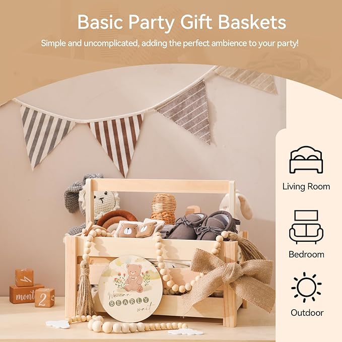 Wooden Baby Shower Crate - Baby Shower Basket Gift Set with Milestone Card, Eucalyptus Leaves, Tassel Bead String, Burlap Tape & More for Baby Showers, Nursery Decor & Photo Props