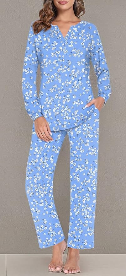 Anyally Women's Plus Size Pajama Sets Ladies Fall Pjs 2 Pieces Lounge Outfits V Neck Long Sleeves Sleepwear with Pockets