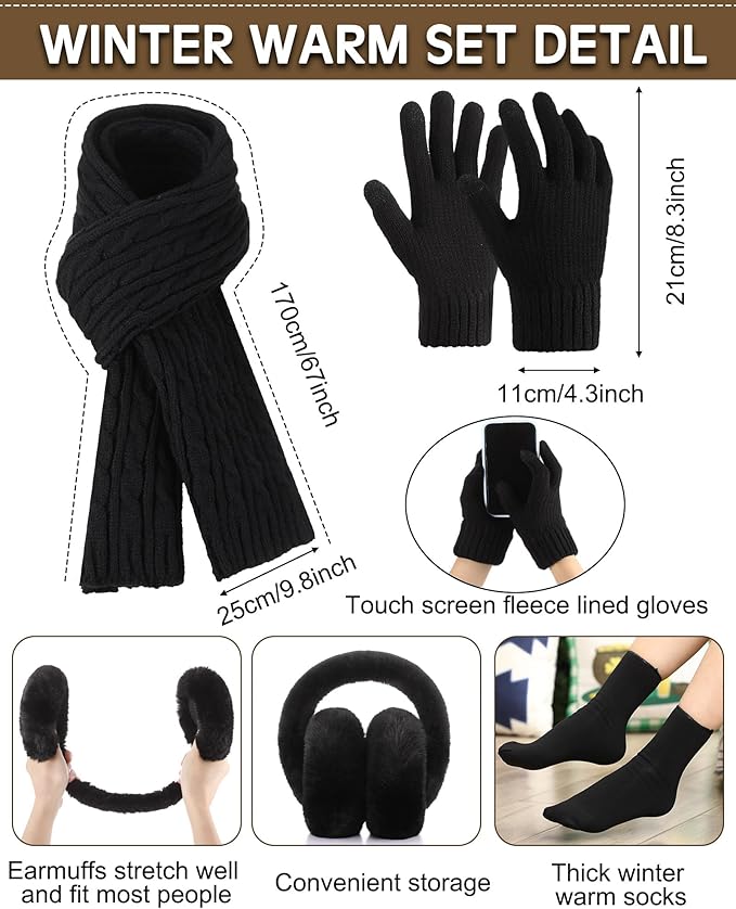 Geyoga 6 Pcs Winter Warm Fleece Knit Hat Long Scarf Touchscreen Gloves Ear Muffs Socks Sets, Winter Warm Gifts for Women
