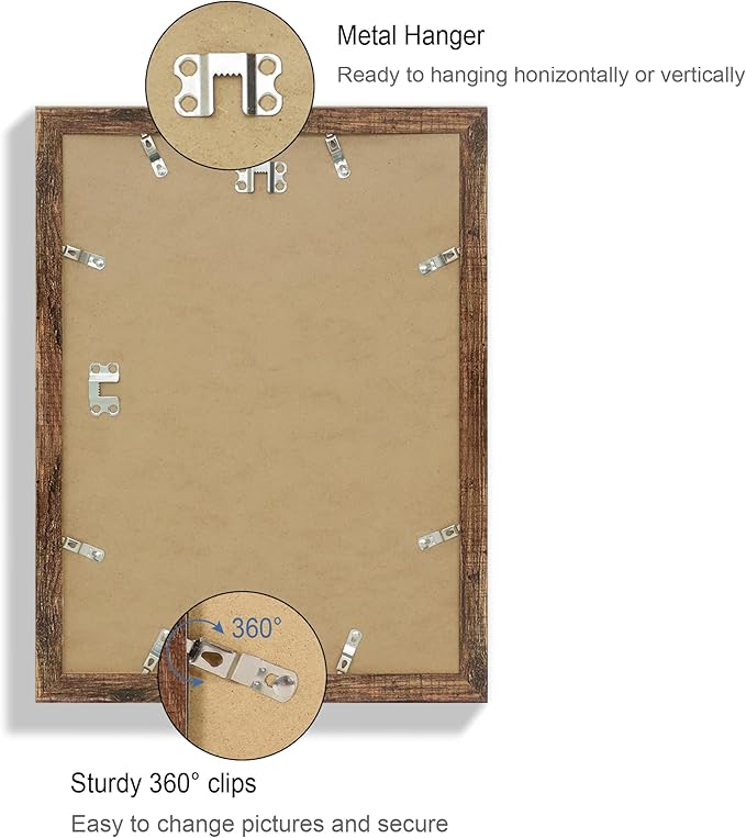 11x15 Picture Frame Set of 4, Made of Real Glass and Rustic Brown Frame - Display Picture 10x14 with Mat or 11x15 Without Mat, 11 by 15 Photo for Wall Mounting