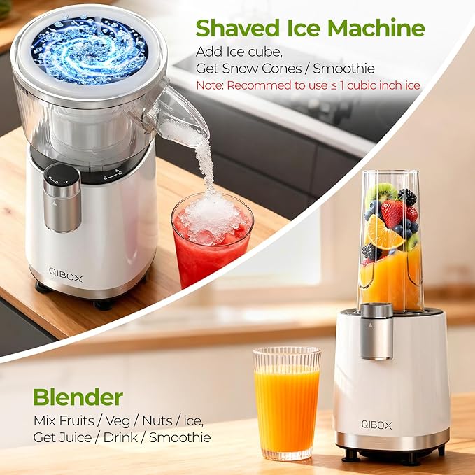 QIBOX Snow Cone Machine & Smoothie Blender 2 in 1, 700W Powerful Shaved Ice Machine Slushine Machine, Healthy Frozen Drink Maker with Stainless Steel Blade & Smoothie Recipe, for Home Kitchen Party