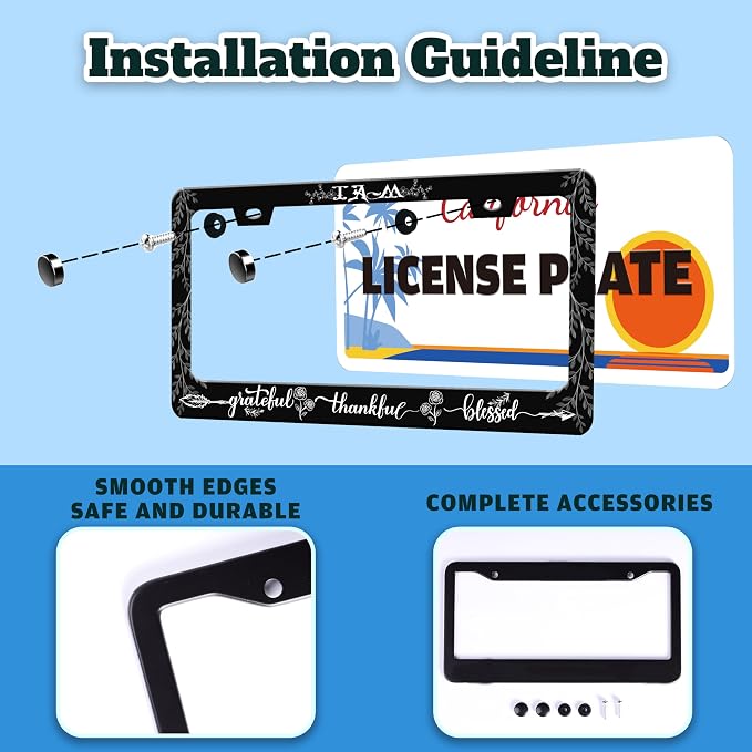 Grateful Thankful Blessed License Plate Frame Stainless Steel 6 X 12 Inch | Fits US Standard With Screws Rust Resistant For Car Front Rear Decoration Accessories Easy Installation For Cars SUV Truck
