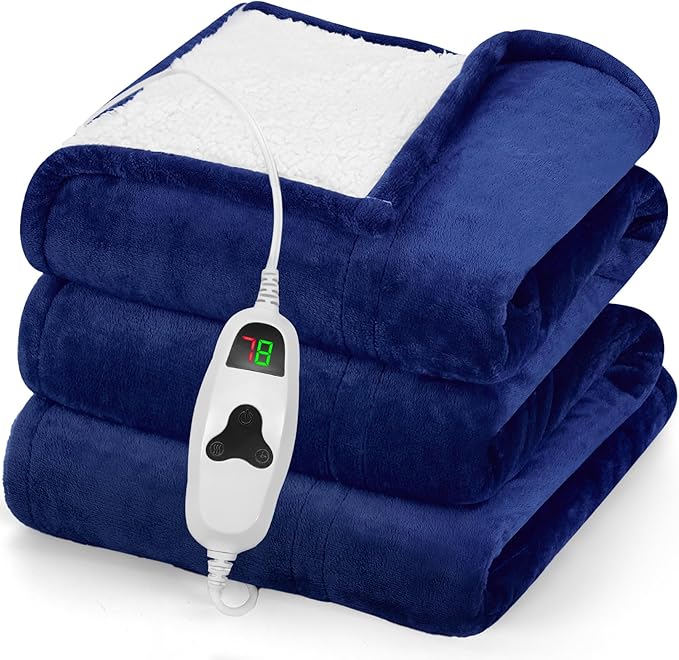 greenoak Heated Blanket Electric Throw 50"X60", Heating Blanket with 10 Heat Levels 8 Hours Auto-Off,Fleece Soft Sherpa Blanket,Gifts for Grandma Mom Seniors, Sea Blue