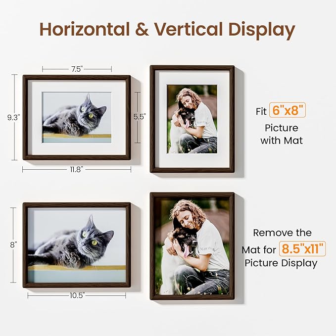 8.5X11 Picture Frame Natural Oak Wood From California-USA Walnut Color Finished Handcrafted 8.5 X 11 Photo Frame Matted to 6x8 Photo with Real Tempered Glass,Family,Graduation Display Table & Wall