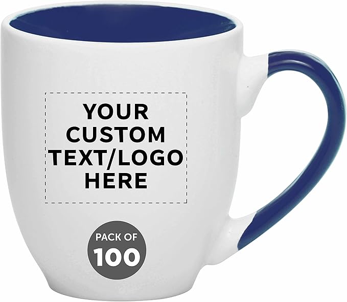 Custom Bistro Style Large Coffee Mugs 16 oz. Set of 100, Personalized Bulk Pack - Perfect for Coffee, Tea, Espresso, Hot Cocoa, Other Beverages - Cobalt Blue