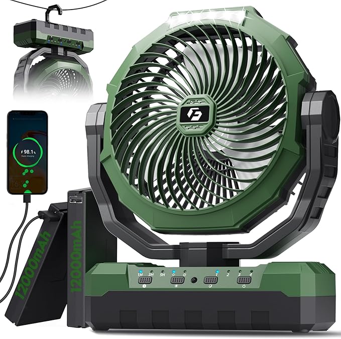 FRIZCOL 3-in-1 Camping Fan - Portable Fans Rechargeable - 24000mAh Detachable Battery Powered Fan with Light & Remote for Indoor, Outdoor, Tent, Travel, Fishing, Jobsite, Gifts for Men Dad Him - Green