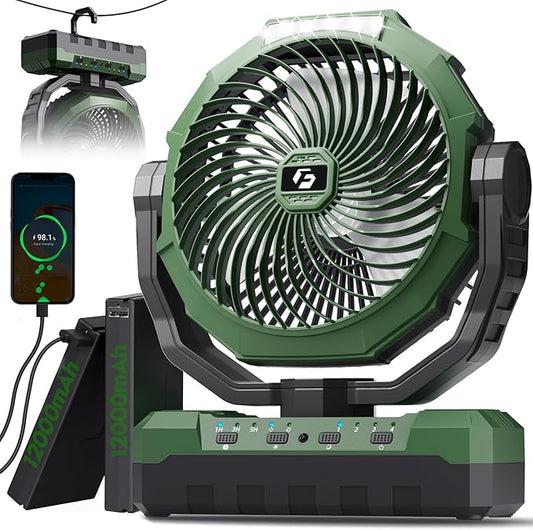 FRIZCOL 3-in-1 Camping Fan - Portable Fans Rechargeable - 24000mAh Detachable Battery Powered Fan with Light & Remote for Indoor, Outdoor, Tent, Travel, Fishing, Jobsite, Gifts for Men Dad Him - Green
