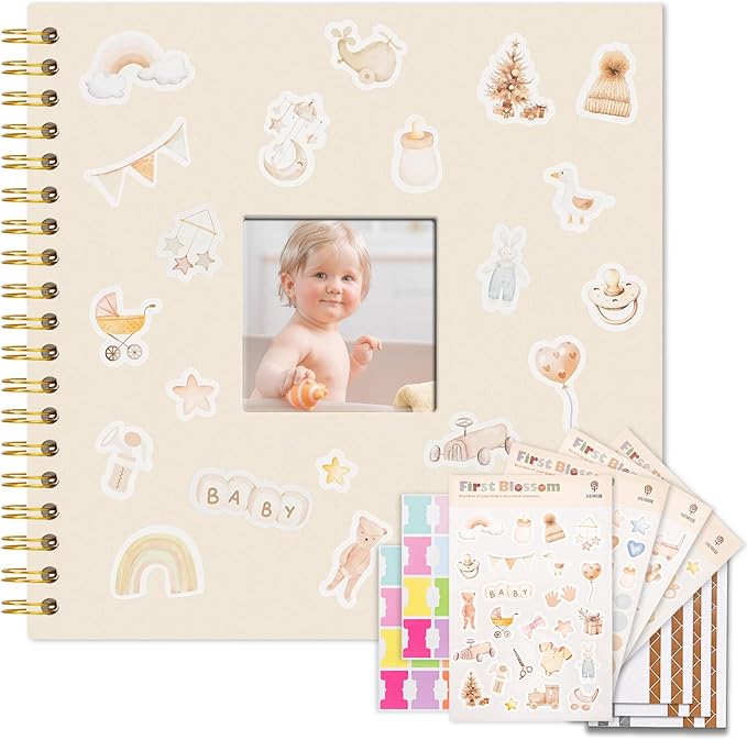 Vienrose Kids Scrapbook Album 10.4"X10.0" with Window Silk Fabric Cover Acid-Free Pages Personalised DIY Photos Scrapbooking for Baby Memory Book, First Year Keepsake Journal Gift Boy Girl, Beige