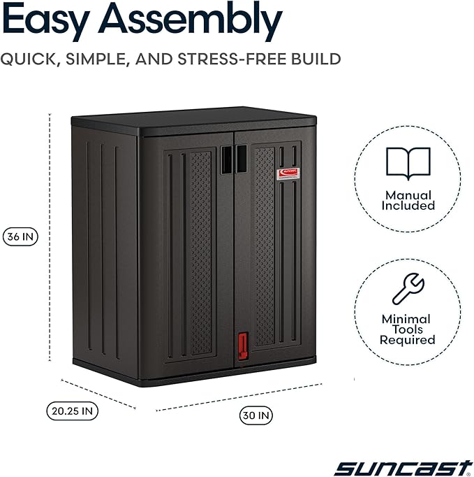 Suncast Heavy-Duty Resin Outdoor Storage Cabinet, 30" W x 20.25" D x 36" H Dark Grey Base Garage Storage Cabinet with Lockable Doors and Metal Reinforced Shelves, Made in The USA