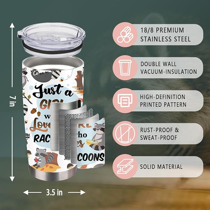 Raccoon Gifts for Women, 20oz Stainless Steel Raccoon Tumbler, Raccoons Mug for Women Sister Bestie Lover Thanksgiving Christmas Birthday Gift, Raccoon Cup with Straw, 1 PCS