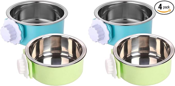 kathson Crate Dog Bowl, Removable Stainless Steel Hanging Pet Kennel Cage Bowl Food & Water Feeder Coop Cup for Puppy, Cat, Rabbit, Guinea Pigs Ferret Bird (2 PCS, Size: M, Blue and Green) (Pack of 2)