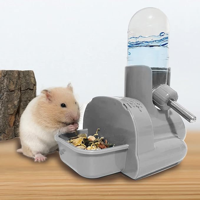 VANNON 3-in-1 Hamster Water Bottle with Food Bowl & Hideout Base, Grey | 3-in-1 feeding station combines water, food and hideout space to help keep hamster cages organized and easy to maintain.