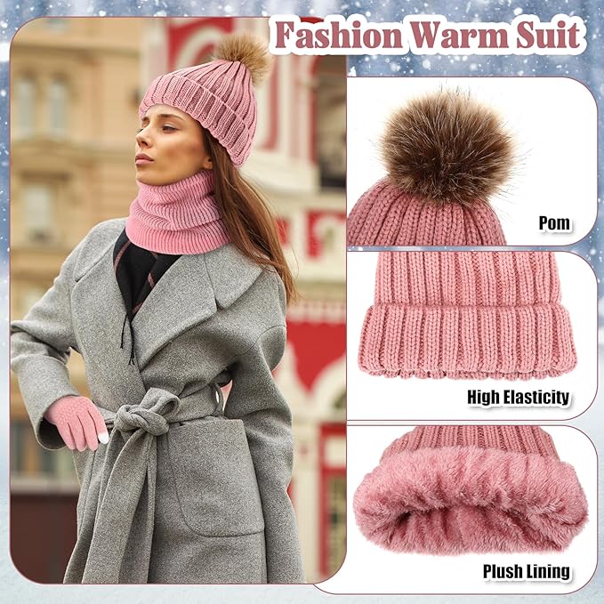 SATINIOR 5 Pcs Winter Hat Scarf Gloves Set Fleece Warm Lined Knit Beanie Hat Touch Screen Earmuff Gloves Warmer for Women(Pink,Cool Style)