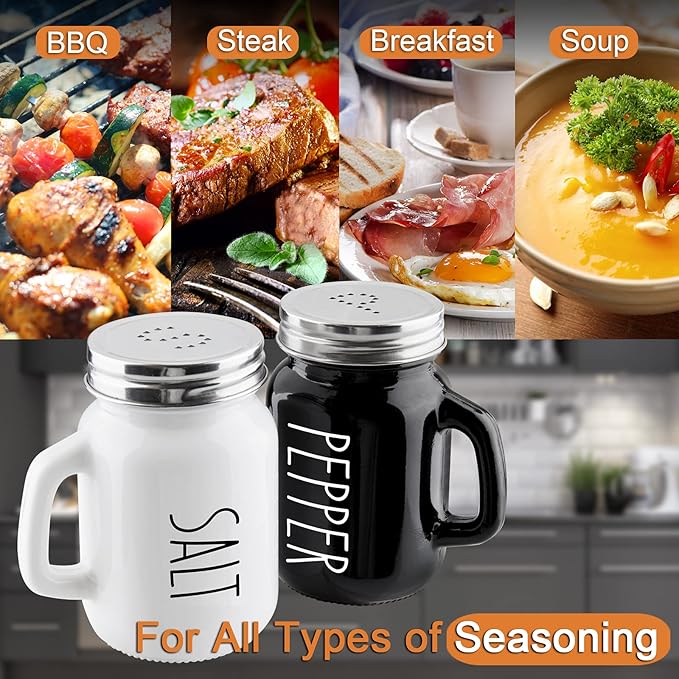 Salt and Pepper Shakers Set, ZOSUJO 4 oz Cute Salt Pepper Shaker, Kitchen Decor for Home Restaurants Wedding, Glass Black White Shaker Sets with Stainless Steel Lids