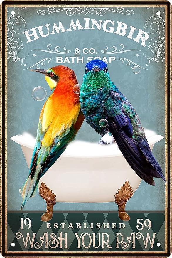 Funny Hummingbird Decor Vintage Bathroom and Bathtub Metal Tin Sign Bear Pet Lovers Gift Farm Home Bar Man Cave Retro Wall Art Poster Accessories 8x12 in