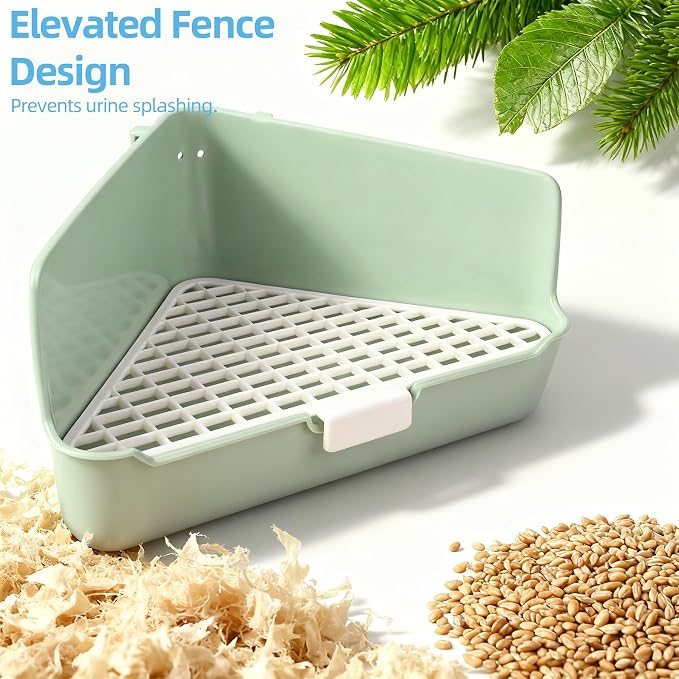 Large Rabbit Litter Box 10" x 10" x 7" with Broom & Grooming Kit, Low-Entry Corner Toilet Pan for Potty Training Rabbits Bunny Guinea Pigs Ferrets (Green)
