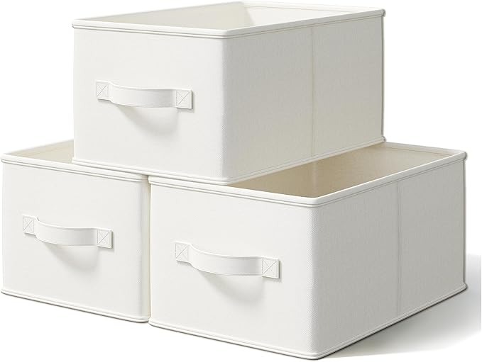 Fabric Storage Bins | Closet Bin Shelf Organizer Shelf Basket | Collapsible Linen Closet Organizer Storage Cube | 14¾"L x 10¼"W x 8¼"H | Storage for Clothes | White & Ivory 3 Pack
