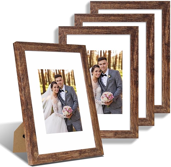 8x12 Picture Frame Set of 4, Made of Glass and Rustic Brown Wooden Frame - Display 6x8 Picture with Mat or 8 x 12 Poster Without Mat, 8 by 12 Photo for Wall or Tabletop