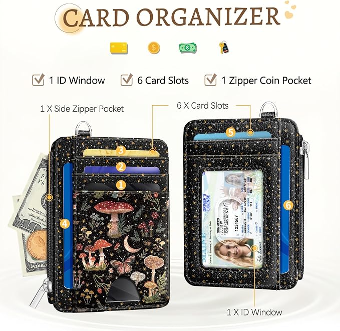 Kelvoris Credit Card Holder Small Wallet Women, Slim RFID, Mushroom Flower | Keychain, Zipper Coin Pocket, Front Pocket Thin Travel Card Case, Minimalist, 6 Card Slots, 1 ID Window, Ladies Gifts Woman