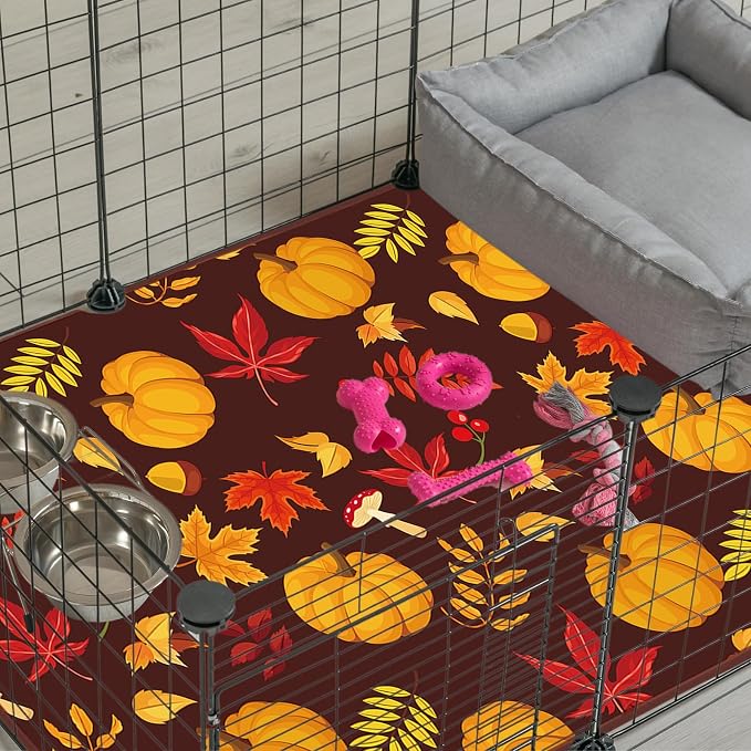 JarThenaAMCS 3 Pcs Guinea Pig Cage Liner Reusable Bunny Squirrel Mat Fall Maple Leaves Pumpkin Washable Small Animal Pee Pads for Autumn Rabbit Hamster Chinchilla Ferret Accessory, 24 x 47 in