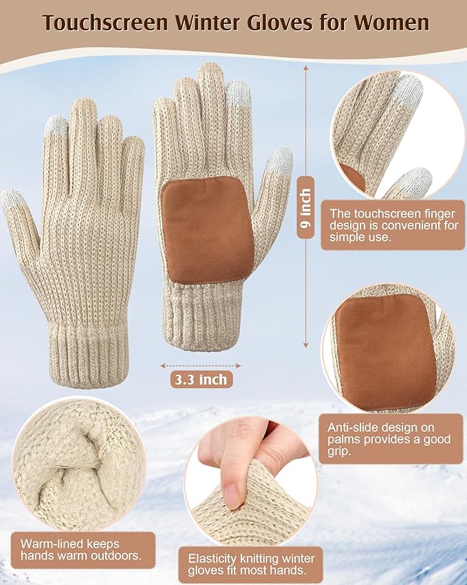 Women Beanie Scarf Gloves Headband Set, Winter Fleece Lined Hat Ear Warmer Knit Scarf Women Gloves Gift Set 4 in 1