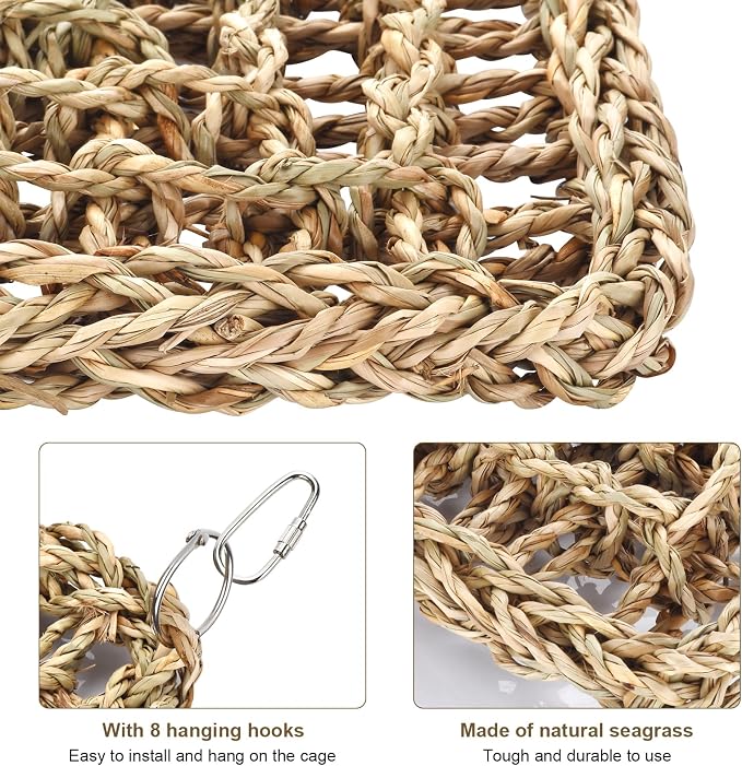 2 Pack Natural Sea Grass Parrot Mat, Bird Hammock Woven Climbing Net | DIY Bird Foraging Wall Hanging Play Pad, Bird Cage Accessories for Lovebirds, Cockatoos, Budgies, Conures & Pigeons