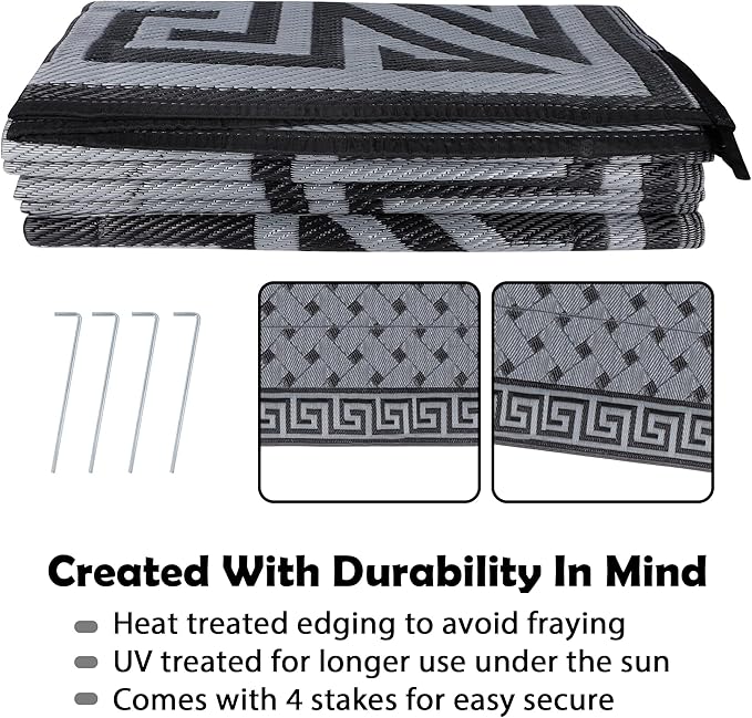 SAND MINE Reversible Mats, Plastic Straw Rug, Modern Area Rug, Large Floor Mat and Rug for Outdoors, RV, Patio, Backyard, Deck, Picnic, Beach, Trailer, Camping (9' x 18', Black & Grey)