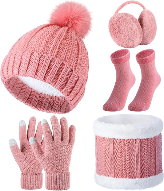 SATINIOR 5 Pcs Winter Hat Scarf Gloves Set Fleece Warm Lined Knit Beanie Hat Touch Screen Earmuff Gloves Warmer for Women(Pink,Classic Style)