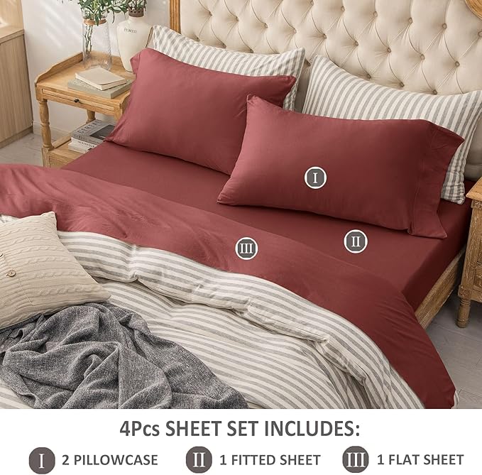 PURE ERA Jersey Knit 4pc Bed Sheet Set 100% T-Shirt Cotton Super Soft Comfy Breathable Fits Mattress Up to 20" Extra Deep Pocket (Solid Brick Red, King)