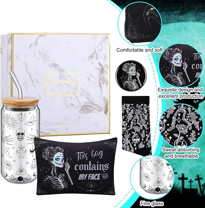 Kacctyen 5 Pcs Christmas Spooky Gifts for Women Witchy Gothic Gifts Stuff 16 oz Skeleton Glass Cups with Lids Straws Goth Makeup Bag Pocket Mirror Sock Goth Theme Box for Birthday Party Favors Friends